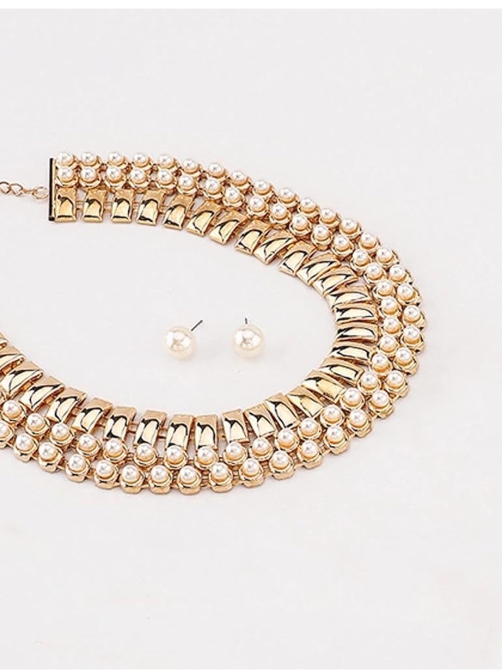 Gold Pearl Layered Statement Choker Necklace & Stud Earrings Set Fifiβs Closet - Picture 5 of 7